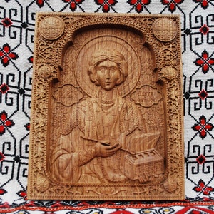 Saint Panteleymon Wood Carving: Personalized Orthodox Icon, TAX Free