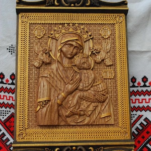 Our Lady of Perpetual Help Wood Carving Religious icon christian gift personalized gift wood gift for herFREE ENGRAVING image 1