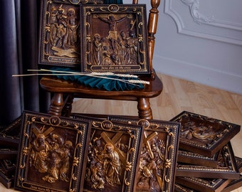 A Set of 14 Wooden  Stations of the Cross Different Colors Carved on Solid Wood Hand Drawen TAX FREE