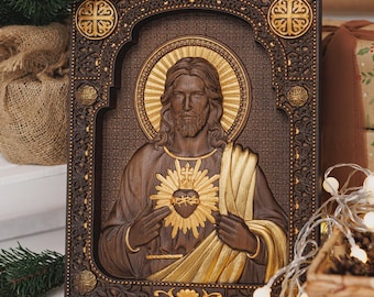Handcarved Sacred Heart of Jesus Icon from natural oak, Personalized Catholic Wedding Gift