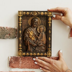 Heilige Familie Saint Joseph und Baby Jesus Holz geschnitzte religiöse byzantinische Ikone Kunstwerk Weihnachtsgeschenkideen Geburtstagsgeschenke STEUER FREI