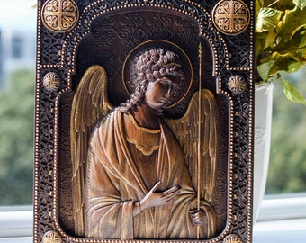 Arcangelo Michele Targa da parete in legno Icona religiosa fatta a mano Scultura in legno parete decorazione cristiana icona in legno regalo personalizzato