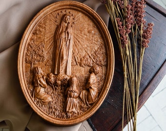 Our Lady of Fatima Catholic Wood carved   religious icon Wall Hanging Art Work Gift ideas for women Gifts for mom