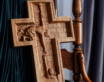 Cruz de Jesús de madera de roble: Decoración religiosa cristiana para el hogar, personalizada, 7 colores, XS-XXL, libre de impuestos.