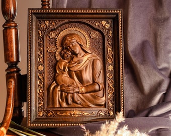 Virgin Mary icon Christian home decor Wooden anniversary gift for her spiritual gift religious wall art from Ukraine engraved gift