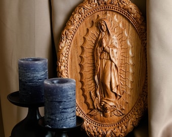 Our Lady of Guadalupe Wooden carved  Virgin Mary de Guadalupe Religious catholic Home Decor Gift ideas for women  Catholic Wall art