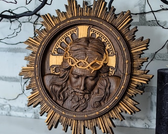 Jesus Christ Wearing Crown of Thorns christian icon Wooden carved religious wall art  Artist Work  personalised  gift idea