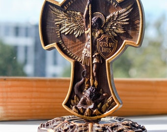 Archangel Michael on the stand Natural wood Wooden Carved Religious icon  unique gift for  him housewarming gift gifts for men