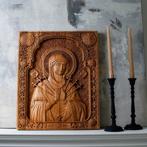 Virgin Mary of Seven sorrows Wooden Carved Our Lady art birthday religious gift idea - Any size - Personal engraving