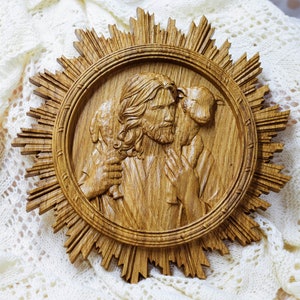 Buon Pastore, artista religioso in legno intagliato, arte da parete, regalo cristiano per il credente, regalo di fede, placca da muro delle Scritture