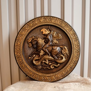 Icono de San Jorge y el Dragón, arte religioso de pared tallado en madera, regalo cristiano para hombres