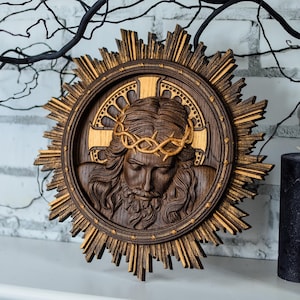 Jesus Christ Wearing Crown of Thorns christian icon Wooden carved religious wall art  Artist Work  personalised  gift idea