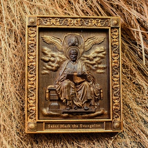 Hand Carved Wooden Icon: Saint Mark the Evangelist Wall Art Personalized, XS-XXL, TAX Free