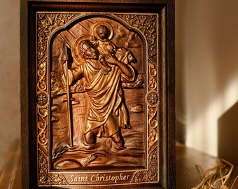 Saint Christopher Gifts for travelers  Wood carved icon Christian gift Birthday gift Gift for him