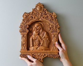 Virgin Mary Orthodox wooden carved icon Religious wall  home decor -  personalized christian gift idea for mom - housewarming gift