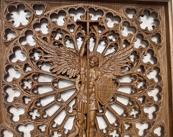 Hand geschnitzte Erzengel Michael Holz Wandtafel: Gothic Christian Art, M-XL, Tax free