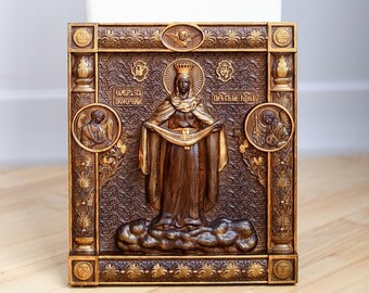 Virgin Mary of Pokrov Wooden Carved Our Lady sculpture birthday religious gift idea with engravung on the back