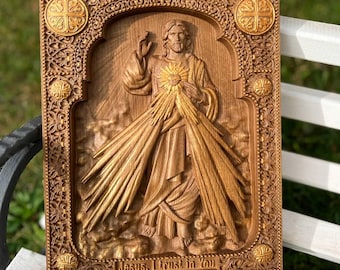 Hand-Painted Divine Mercy Icon: Solid Oak Wood Christian Wall Art