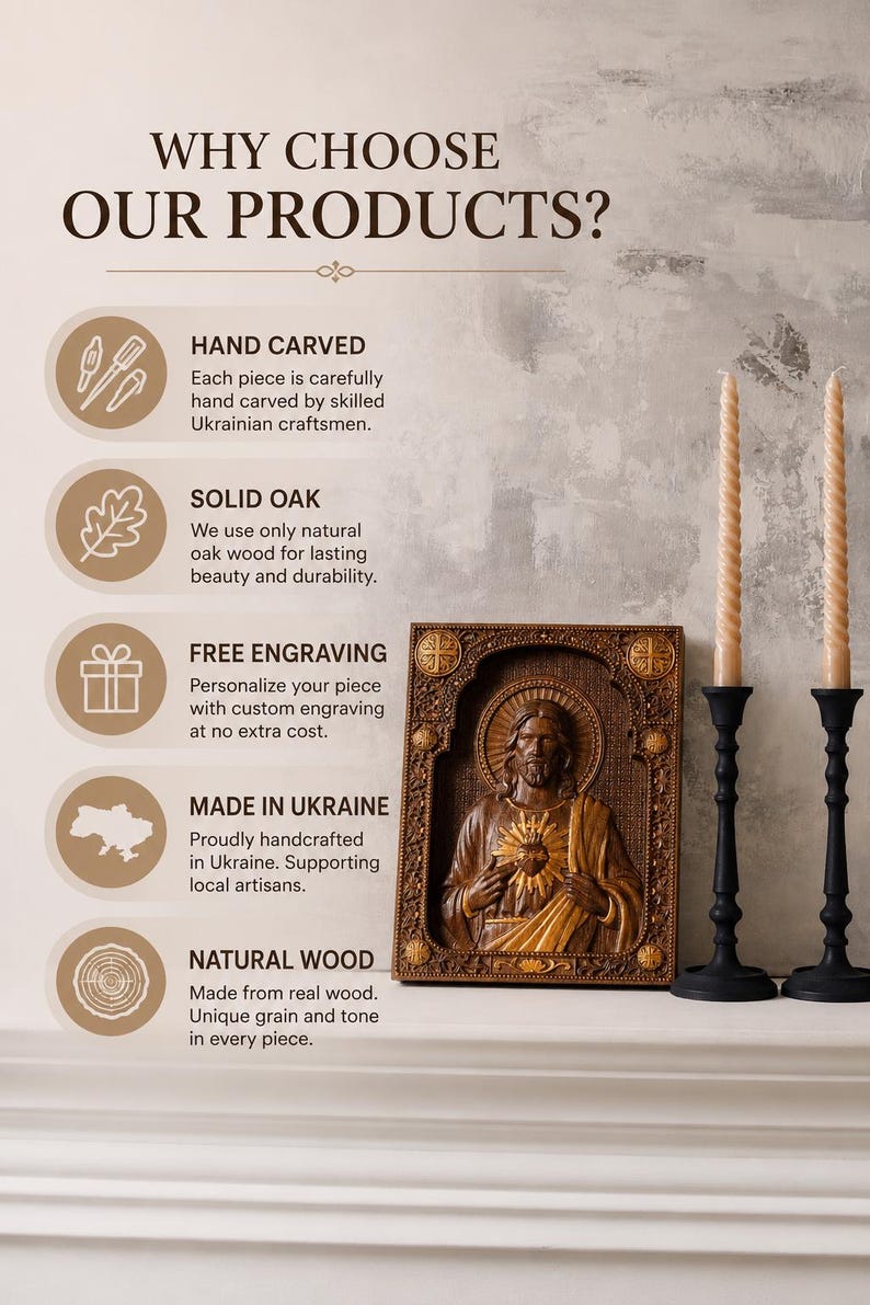 May include: A rectangular wooden wall plaque featuring a relief carving of the Sacred Heart of Jesus, displayed next to two tall, thin, twisted beige candles in black metal candle holders. The image includes text detailing product features.