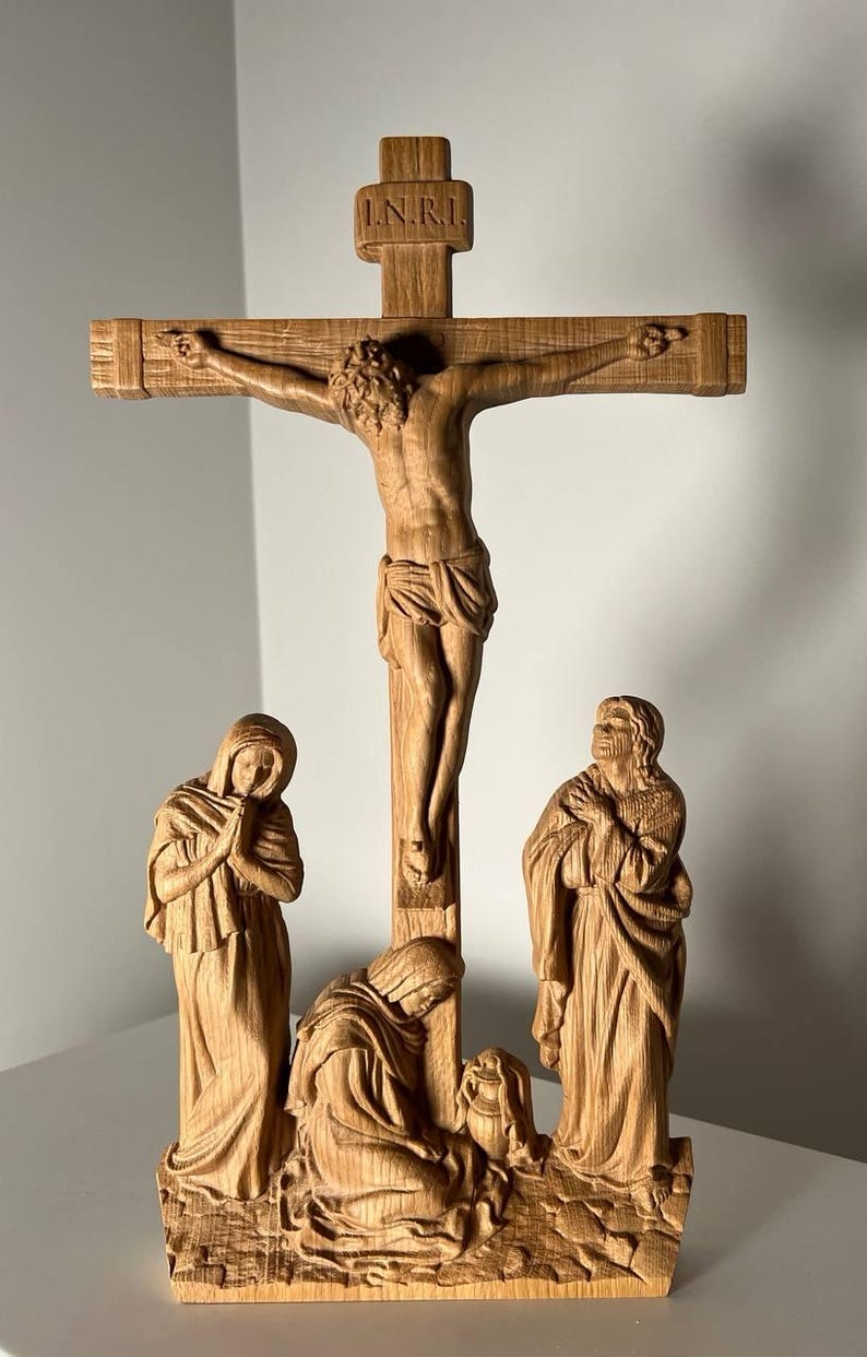 Wooden carved Golgotha on the stand religious wall art christian home decor Gift for confirmation Crucifix wood Jesus art