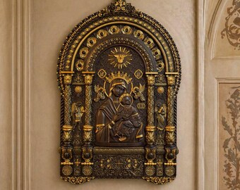 Orthodox Icon Wall Art Virgin Mary and Child, Large Hand Carved Wood Icon, Luxury Religious Decor, Christian Home Blessing Gift