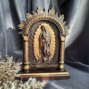 Our Lady of Guadalupe  Wooden carved  Virgin Mary statue  on the stand Natural wood Catholic  home decor  - 7x9 inches -3 colors