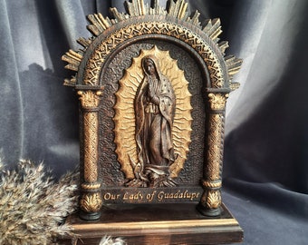 Our Lady of Guadalupe  Wooden carved  Virgin Mary statue  on the stand Natural wood Catholic  home decor  - 7x9 inches -3 colors