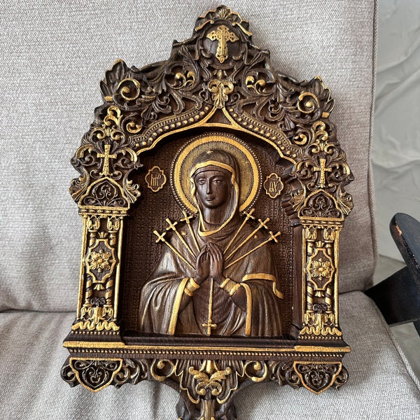 Virgin Mary statuary Wooden Wall plaque  Religious gift idea  for women Our Lady of Seven Arrows  50th birthday gift ideas