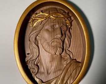 Jesus Crown of Thorns Wall Art, 7x9 inch, Hand Carved Wooden Christ Portrait, Christian Religious Decor, Catholic Gift, Jesus Wall Hanging