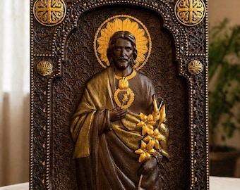 St Joseph Icon with Sacred Heart, Hand Carved Oak Wood Plaque, Catholic Gift for Dad, Christian Wall Decor, Personalized Religious Art