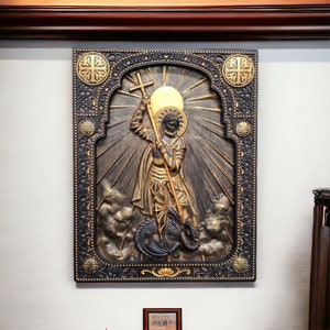 Saint George and dragon Wooden Carved handcrafted image Wall Hanging Art  personalized engraved gift for a man TAX FREE