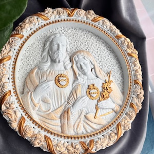 Sacred Heart of Jesus and Immaculate Heart of Mary  wooden carved wall picture - Different Colors - Any size -personalized gift