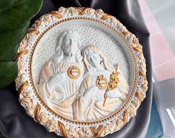 Icono de madera tallada del Sagrado Corazón de Jesús y la Inmaculada Concepción - Regalo personalizado
