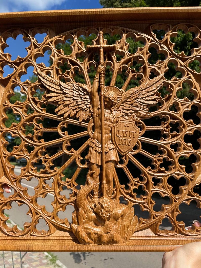 Archangel Michael Wood Carving - St Michael Wall Art, Christian Home Decor, Religious Gift, Oak Wood Decor image 20