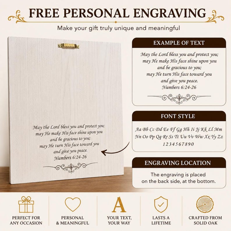 May include: A square light-colored wooden plaque featuring a gold-tone metal hanger on the back. The surface displays engraved text reading: May the Lord bless you and protect you; may He make His face shine upon you and be gracious to you.