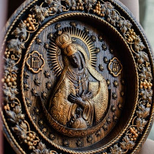 Virgin Mary Wood carving christian gift  religious wall art Orthodox  Icon Our Lady of Ostra Brama housewarming gift TAX FREE