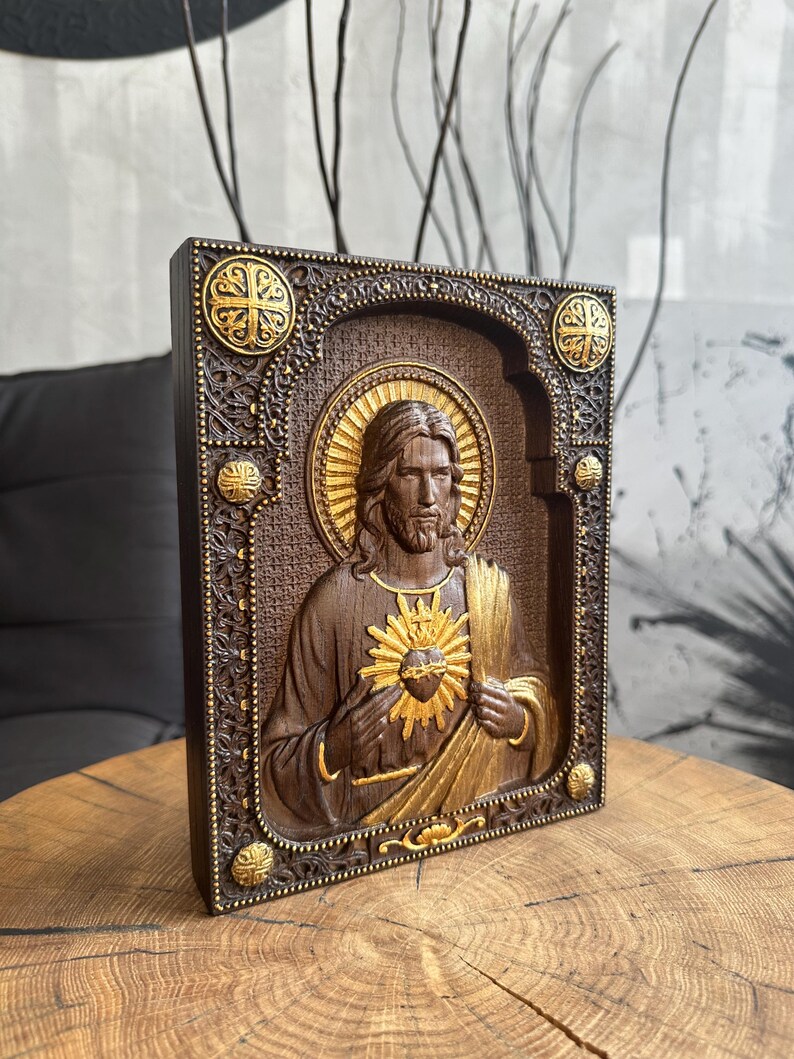 Christmas Gift Sacred Heart of Jesus Wooden Carved Christian Gift Wall