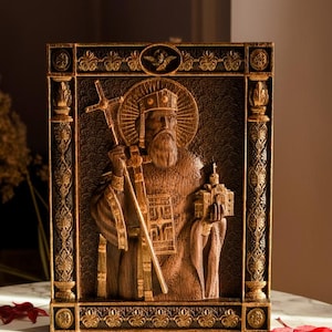 Saint Vladimir Wooden Carvings Religious Orthodox icon  wall art christian gift Ukrainian saints icon free shipping