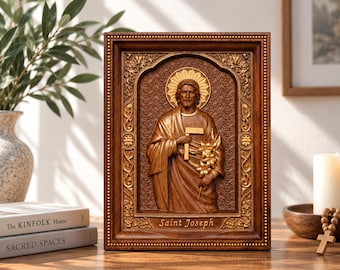 Saint Joseph Wooden Icon, Catholic Wall Art, Hand Carved Religious Decor, Christian Gift for Dad, Father and Family Blessing