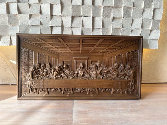 手彫りのオーク材「最後の晩餐」木製ウォールアート：宗教的なホーム 