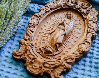 Our Lady of Guadalupe Wood Carving: Engraved Catholic Wall Art, XS-XXL, TAX Free