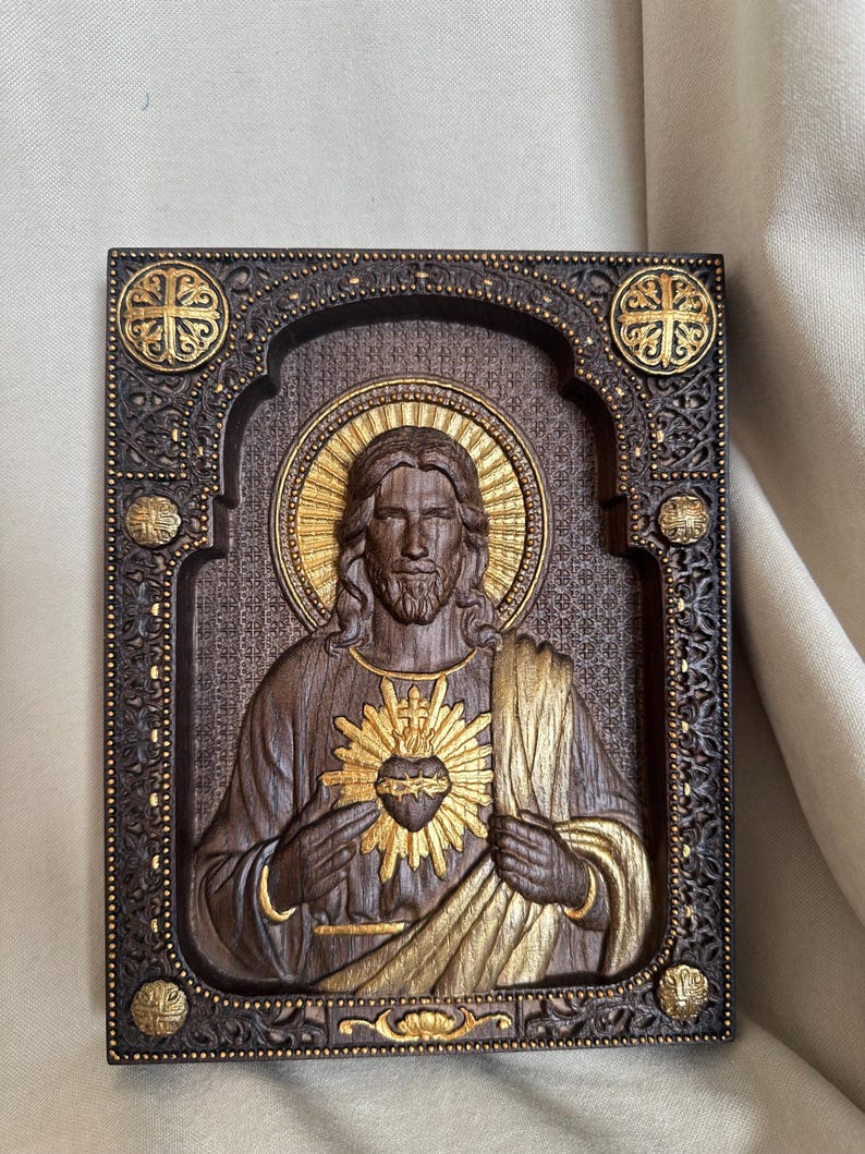 Sacred Heart of Jesus Wooden Carved Christian Decor Wall Hanging