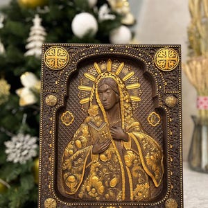 Virgin Mary icon wood carving orthodox icons wood anniversary gift for her spiritual gift religious wall art Ukraine engraved gift TAX FREE