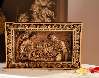 Personalized Holy family Nativity Wood Carved Religious Icon Wall mounted Art work Custom made Christmas gift