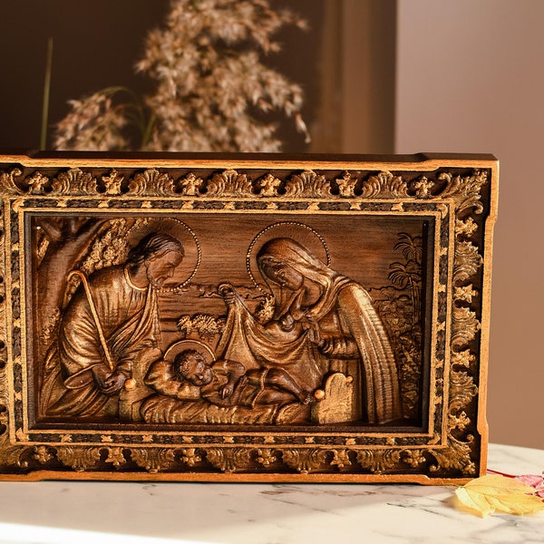 Personalized Holy family Nativity Wood Carved Religious Icon Wall mounted Art work Custom made Christmas gift