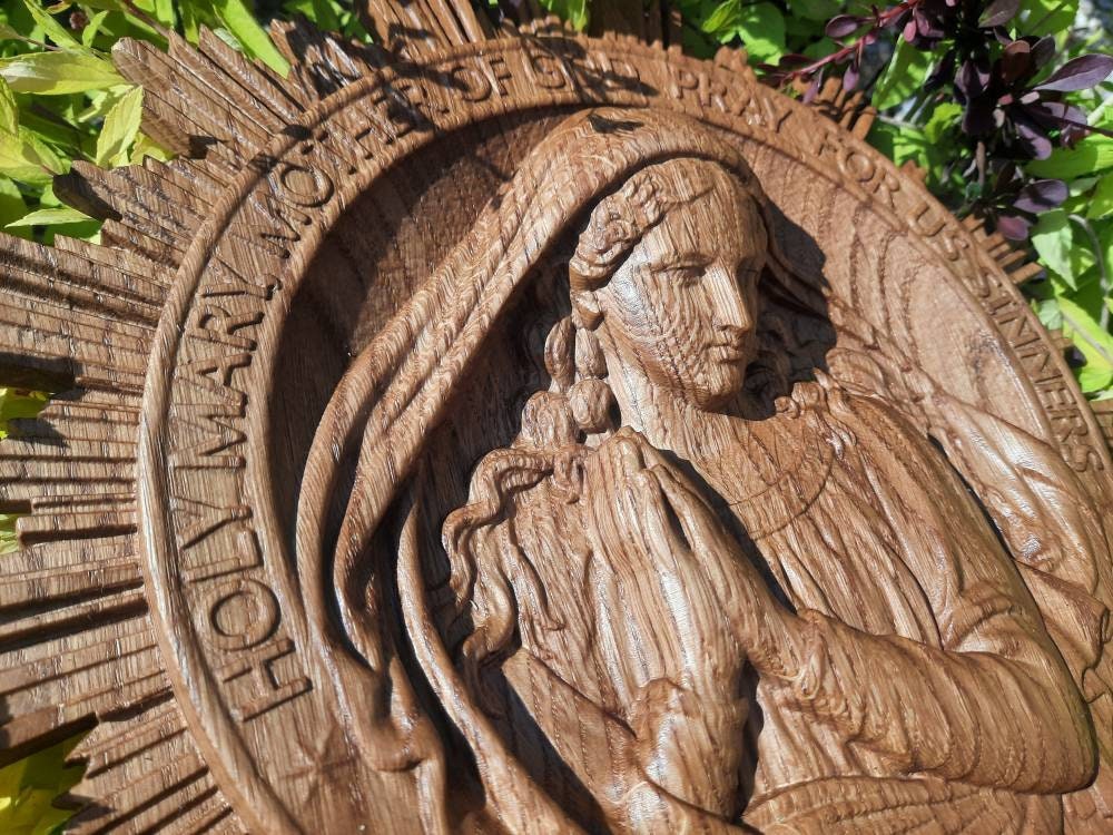 オーク材の聖母マリア彫刻額：キリスト教の宗教的壁画 - Etsy 日本