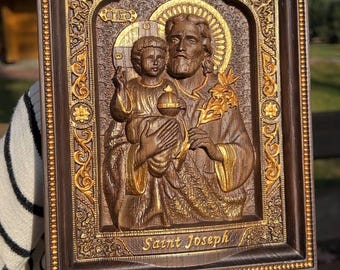 Saint Joseph  Oak Wood Handcarved Christian wall palque Wall Hanging Art Work Christmas gift ideas for dad, Saint for selling house