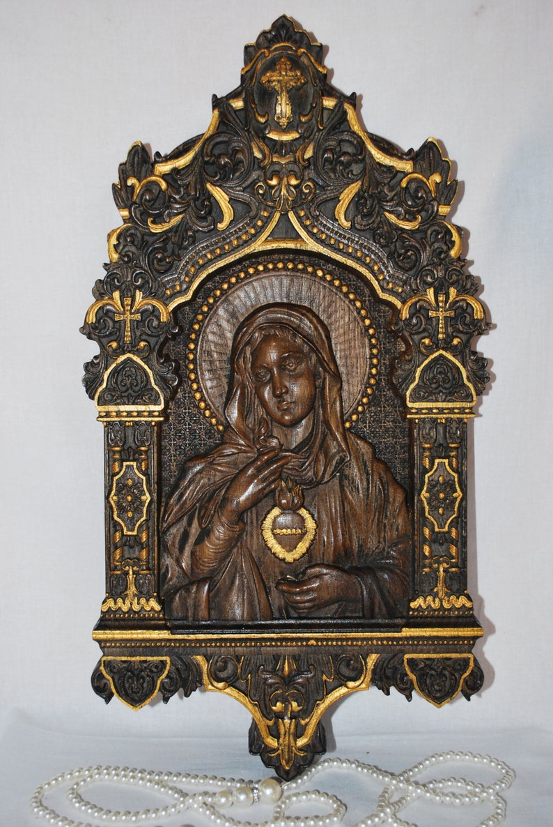 Immaculate heart of Mary Religious catholic icons Wood carving image 0