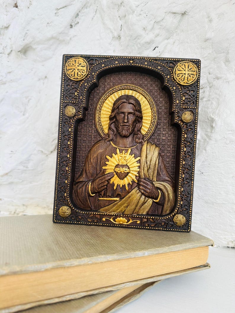 Christmas Gift Sacred Heart of Jesus Wooden Carved Christian Gift Wall