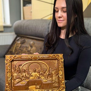 Last Supper Oak Wood Carving, Religious Icon, Christian Gift image 15